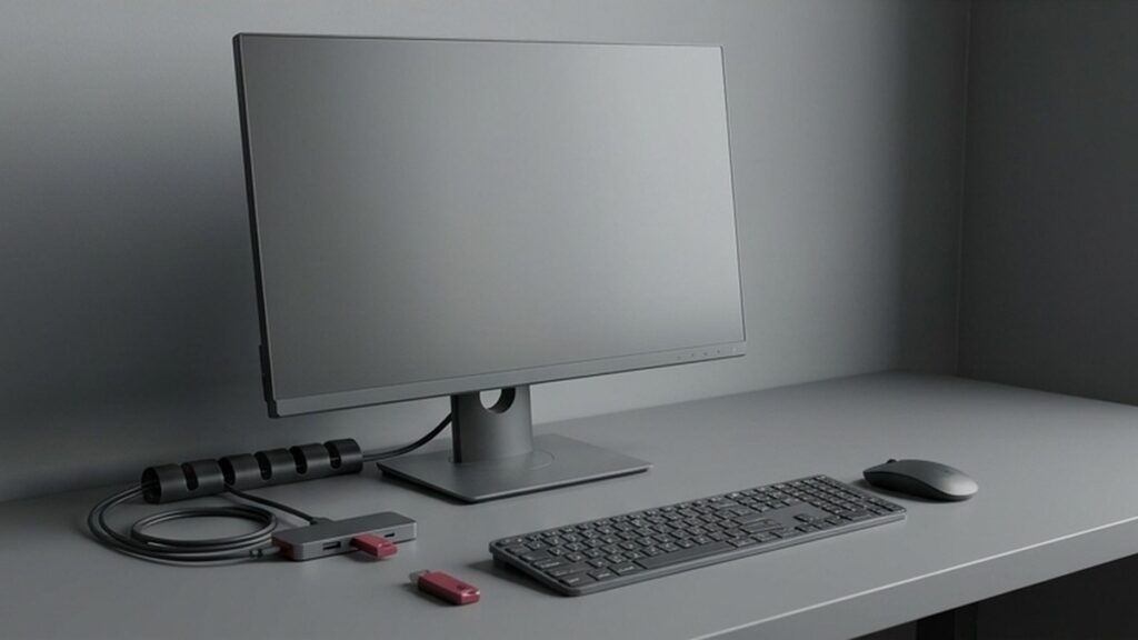Conceptual AI illustration: A prepared workstation with blank screen and connected accessories.