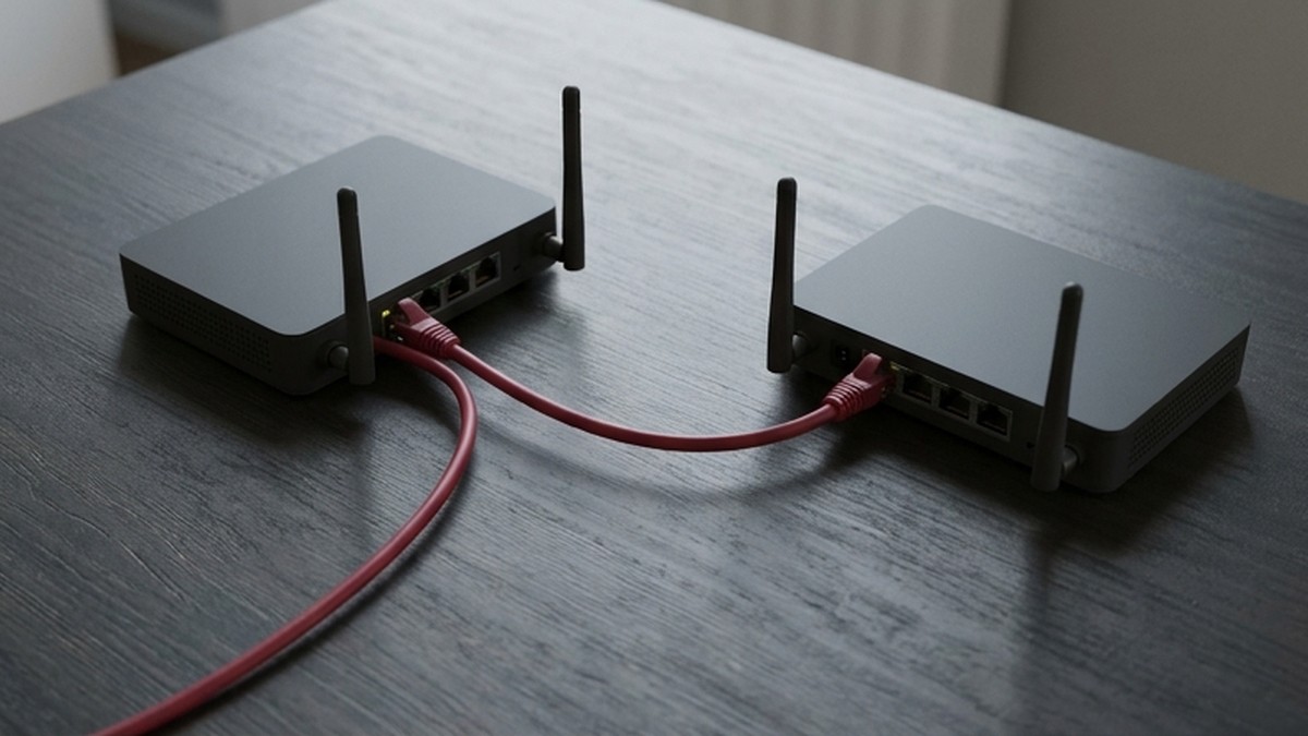 Conceptual AI illustration: Two charcoal routers connected by crimson cable.