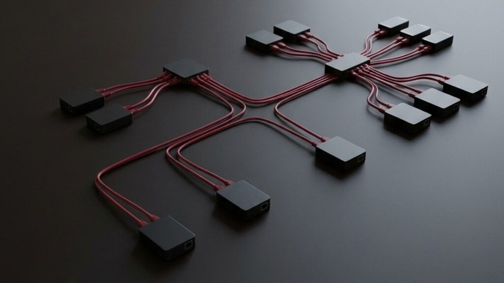 Conceptual AI illustration: A branching arrangement of black network nodes and red cables.