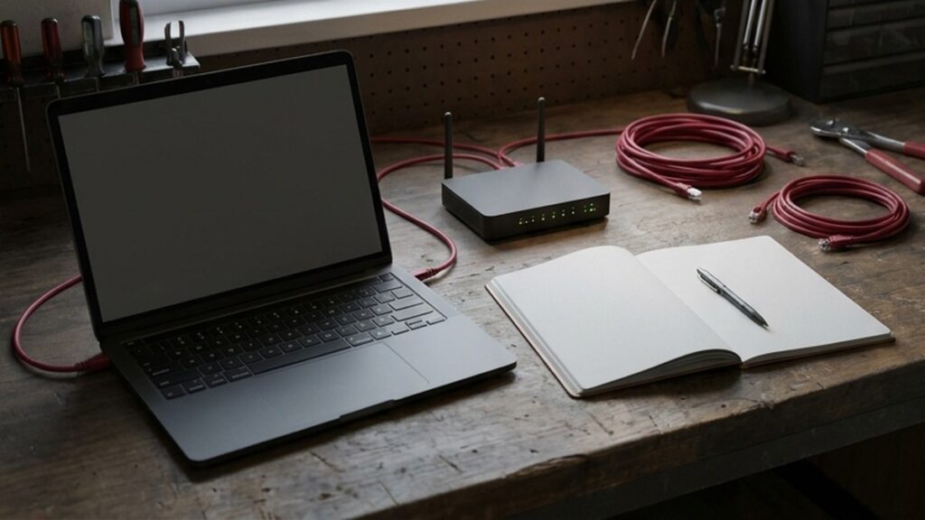 Conceptual AI illustration: A network maintenance desk with router, laptop, and notebook.