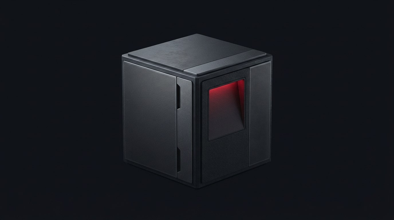 Conceptual AI illustration of a charcoal server module with a crimson indicator.