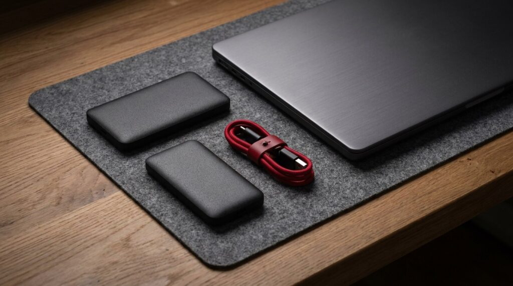 Conceptual AI illustration of two external storage devices beside a laptop and red cable.