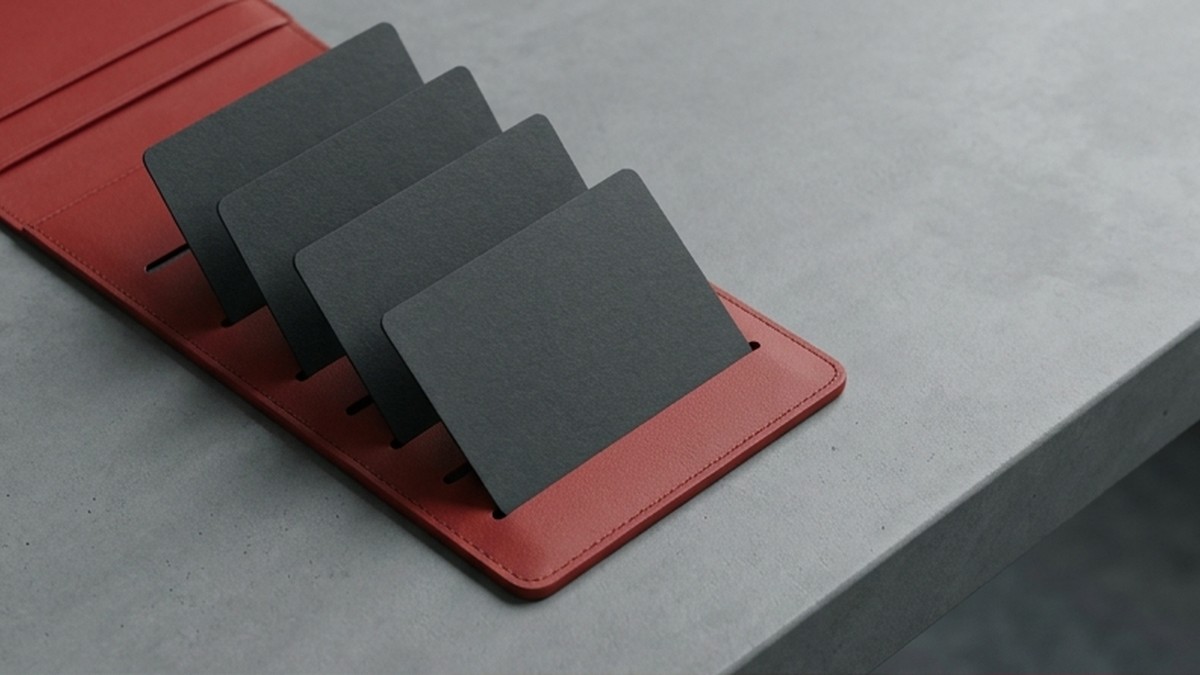 Conceptual AI illustration: Blank charcoal credential cards in separate slots of a crimson organizer.