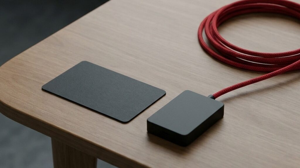 Conceptual AI illustration: A blank token card beside an integration module and red cable.