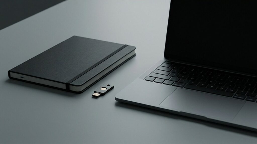 Conceptual AI illustration: A closed notebook and security key beside a blank-screen laptop.